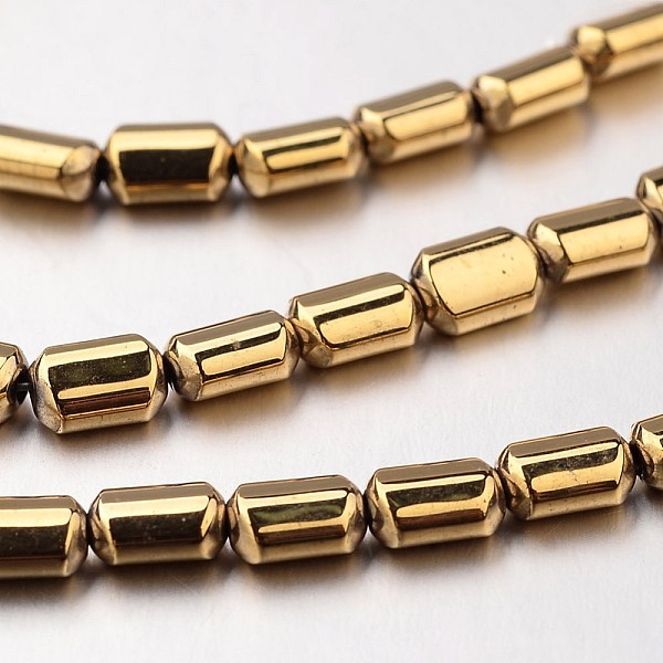 

PandaHall Electroplate Non-magnetic Synthetic Hematite Bead Strands, Rectangle, Golden Plated, 6x4x3mm, Hole: 1mm, about 67pcs/strand, 15.7...