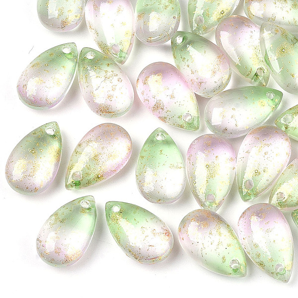 

PandaHall Two Tone Transparent Spray Painted Glass Charms, with Glitter Powder, Frosted, Teardrop, Light Green, 14.5x8.5x5.5mm, Hole: 1mm...