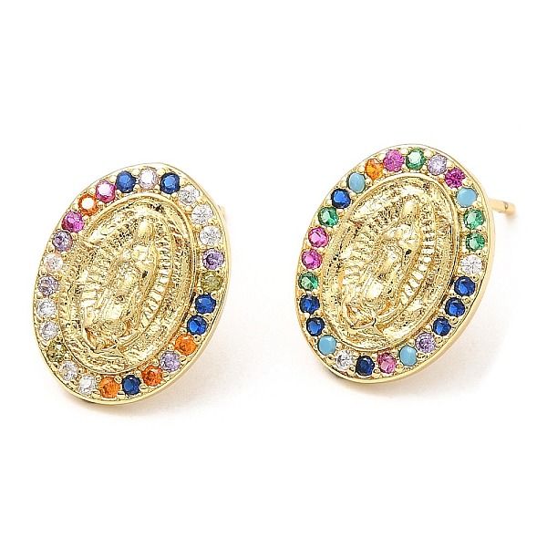 

PandaHall Rack Plating Brass Oval with Virgin Mary Stud Earrings with Colorful Cubic Zirconia, Lead Free & Cadmium Free, Real 18K Gold...