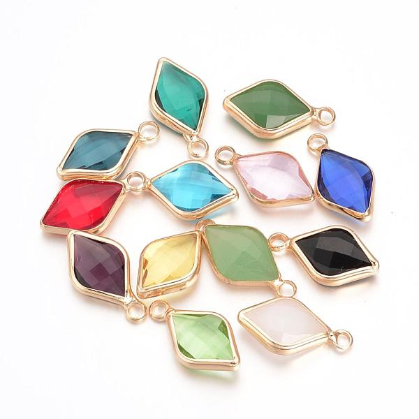 

PandaHall Glass Pendants, with Brass Findings, Faceted, Rhombus, Nickel Free, Raw(Unplated), Mixed Color, 18x10x4.5mm, Hole: 2mm Brass+Glass..., Multicolor