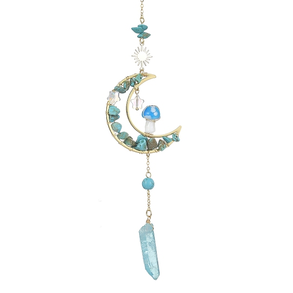 

PandaHall Wire Wrapped Synthetic Turquoise Chips & Brass Moon Pendant Decorations, with Nuggets Electroplated Natural Quartz Crystal and...