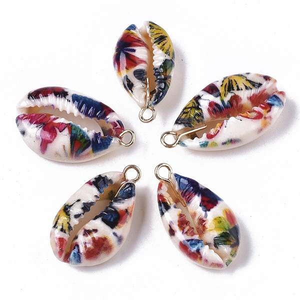 

PandaHall Printed Natural Cowrie Shell Pendants, with Golden Plated Brass Loop, Flower Pattern, Colorful, 19~23x11~13x6.5~7.5mm, Hole: 2mm...