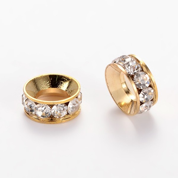 

PandaHall Flat Round Alloy Rhinestone Bead Spacers, Golden, 9~10x4mm, Hole: 4~5mm Alloy+Rhinestone Flat Round Clear