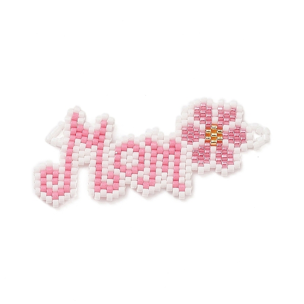 PandaHall Handmade Loom Pattern MIYUKI Seed Beads, Word Mom with Flower Links Connector, for Mother's Day, Pink, 25x53x2mm, Hole: 0.8mm...