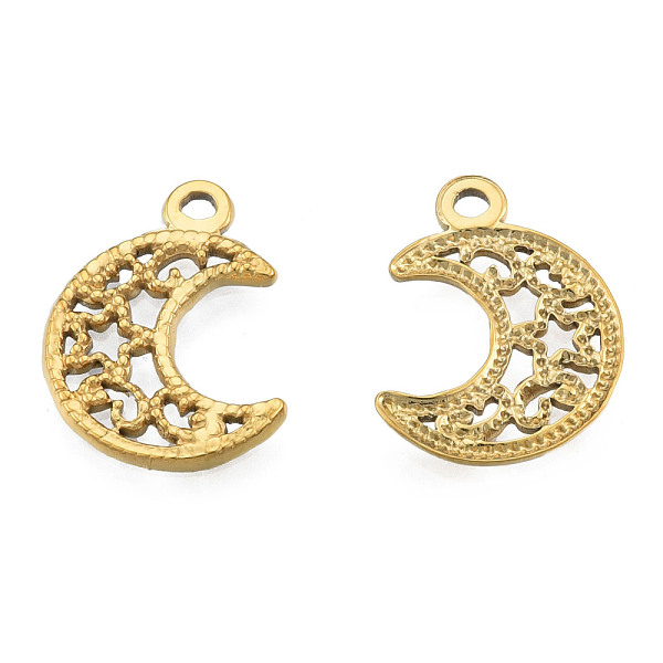 

PandaHall Ion Plating(IP) 201 Stainless Steel Pendants, Hollow, Moon with Star, Real 18K Gold Plated, 19x15x1mm, Hole: 1.8mm 201 Stainless...