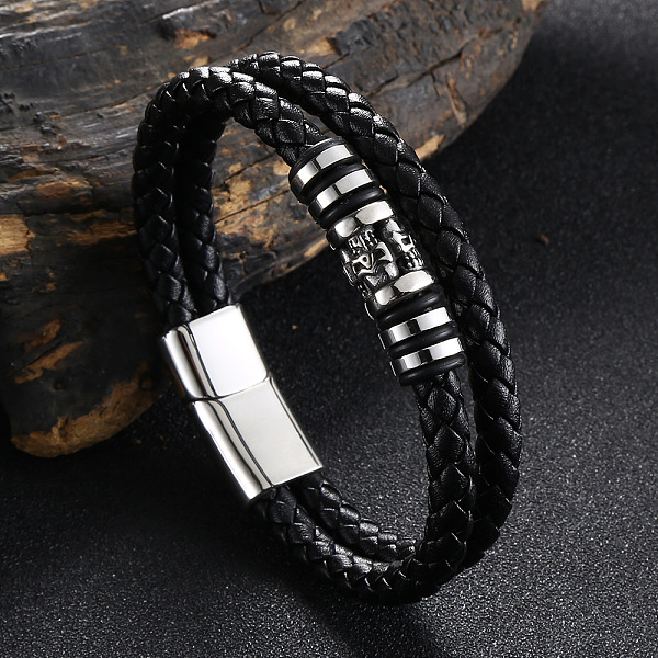 

PandaHall Stainless Steel Skull Beaded Leather Double Layer Multi-strand Bracelet, Gothic Bracelet with Magnetic Clasp for Men, Black, 8-1/8...