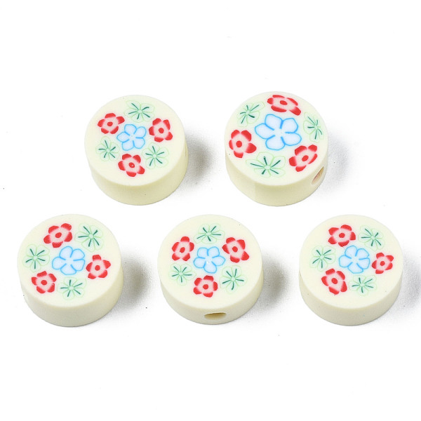 PandaHall Handmade Polymer Clay Beads, for DIY Jewelry Crafts Supplies, Flat Round with Flower, Beige, 9.5~10x4.5mm, Hole: 1.8mm Polymer...