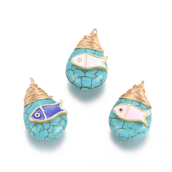

PandaHall Synthetic Turquoise Pendants, with Enamel, Cubic Zirconia and Brass Findings, teardrop, with Fish, Light Gold, Mixed Color..., Multicolor