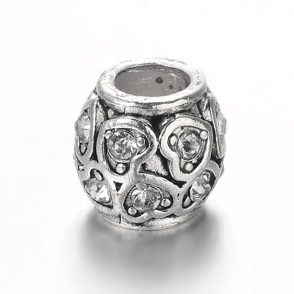 

PandaHall Antique Silver Plated Alloy Rhinestone European Beads, Large Hole Barrel with Heart Beads, Crystal, 10x9.5mm, Hole: 5mm..., Clear