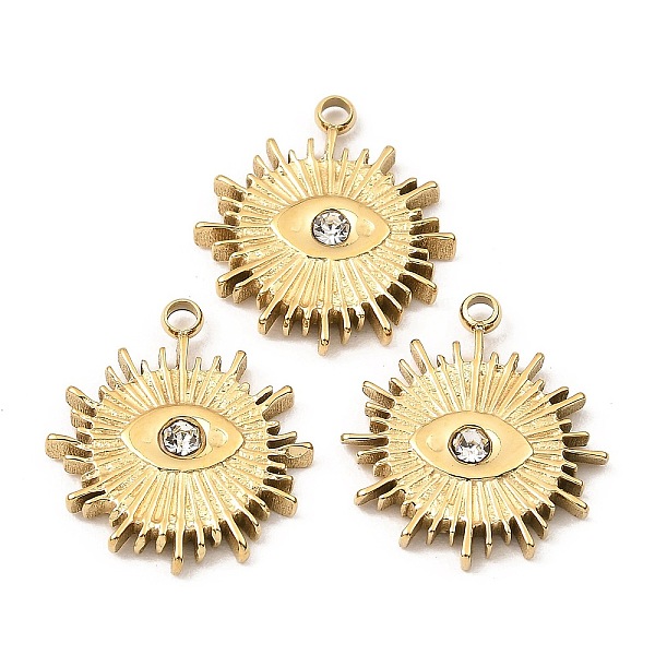 

PandaHall Ion Plating(IP) 316 Stainless Steel with Rhinestone Pendants, Sun with Eye Charm, Real 24K Gold Plated, 17x15x2.5mm, Hole: 1.6mm...