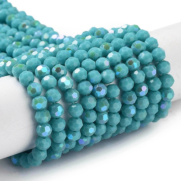 

PandaHall Opaque Glass Beads Strands, Faceted, Round, Dark Turquoise, 4mm, Hole: 0.8mm, about 87~93pcs/strand, 32~33cm Glass Round
