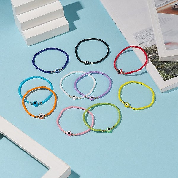 

PandaHall 10Pcs 10 Color Resin Evil Eye & Glass Seed Beaded Stretch Bracelets Set for Women, Mixed Color, Inner Diameter: 2 inch(5.1cm)..., Multicolor