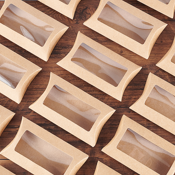 

PandaHall BENECREAT 30pcs 5x3x1.5 Inches Brown Kraft Paper Pillow Boxes with Clear Window, Candy Packaging Box Treat Box for Birthday...