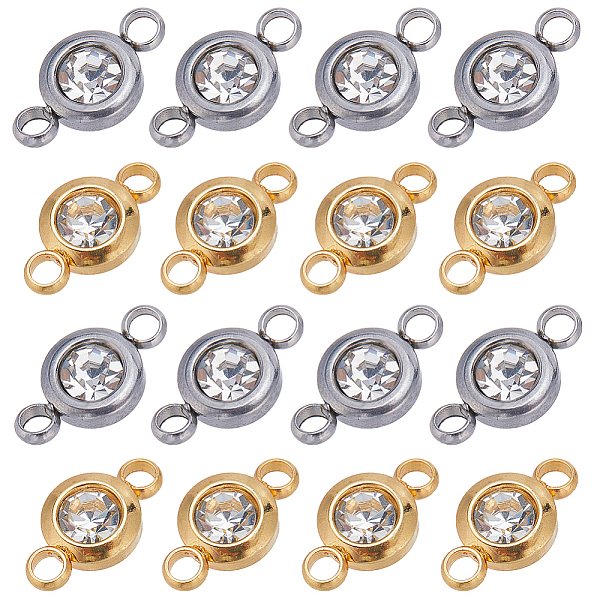 

PandaHall SUNNYCLUE 24Pcs 2 Colors 304 Stainless Steel Crystal Rhinestone Connector Charms, Flat Round Links, Golden & Stainless Steel Color..., Clear