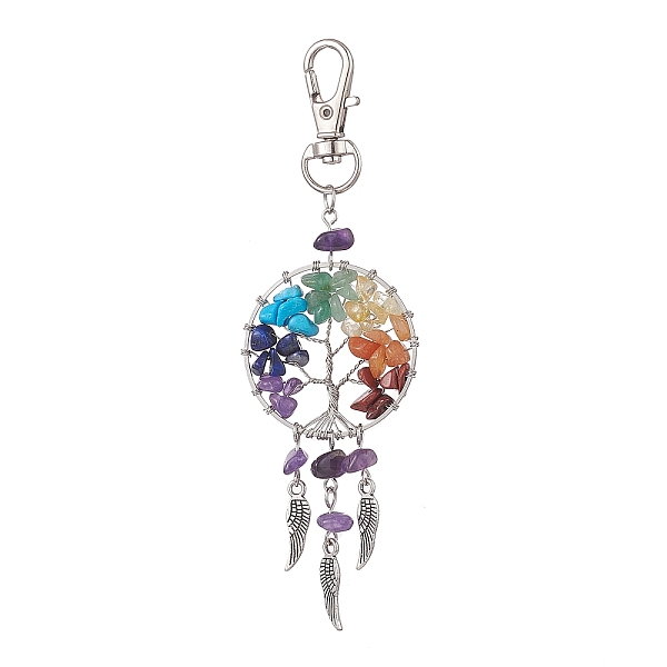 

PandaHall Woven Net/Web with Wing Pendant Decorations, with Gemstone Chips and Alloy Swivel Lobster Claw Clasps, Flat Round with Tree of..., Multicolor