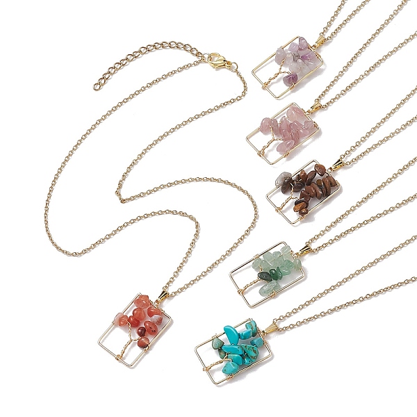 

PandaHall Natural mixed Gemstone with Brass Pendant Necklaces, Rectangle with Tree, 17.99 inch(45.7cm) Mixed Stone Tree