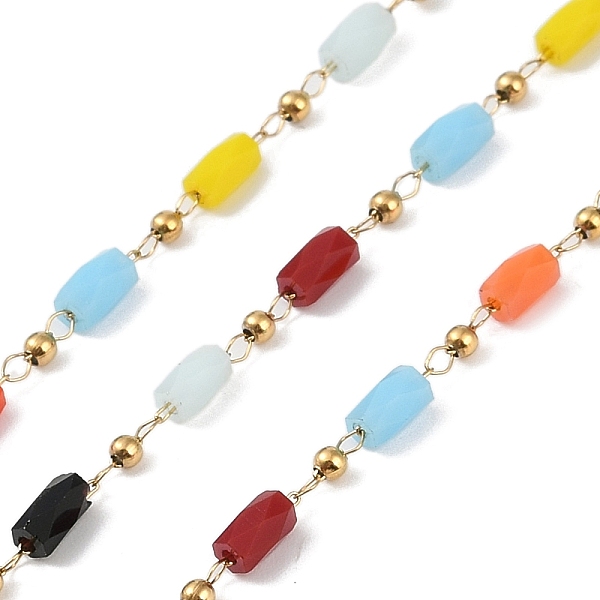 

PandaHall Ion Plating(IP) Handmade 304 Stainless Steel Link Chains, with Colorful Glass Beaded, Soldered, with Spool, Real 18K Gold Plated...