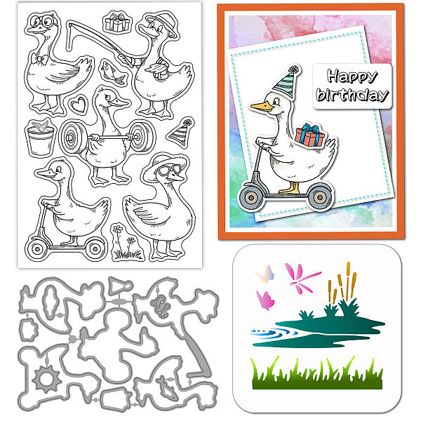 DIY Scrapbooking Tool Sets, including 1Pc Carbon Steel Cutting Dies Stencils, 1Pc PET Painting Stencils and 1Pc PVC Plastic Clear Stamps, Goose, Stamp: 160x110