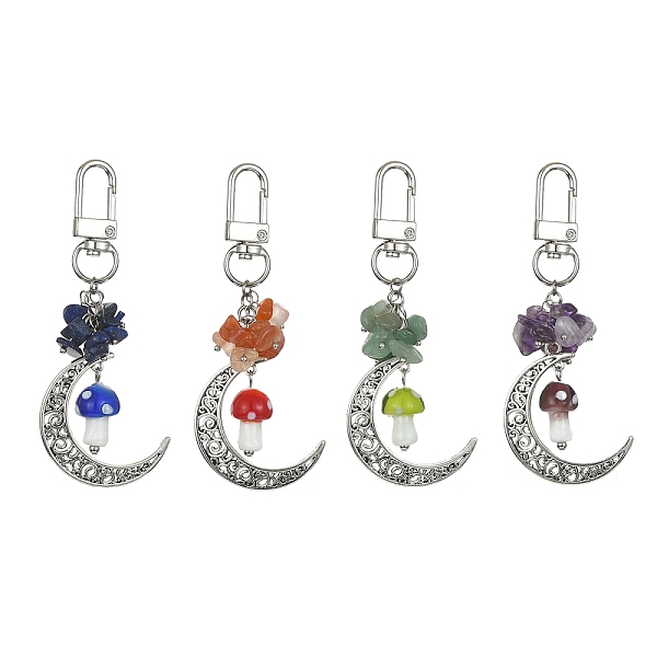 

PandaHall Tibetan Style Alloy Moon Pendant Decoration, with Mushroom Lampwork and Gemstone Chips Alloy Swivel Clasps Charms, 88mm, 4pcs/set...
