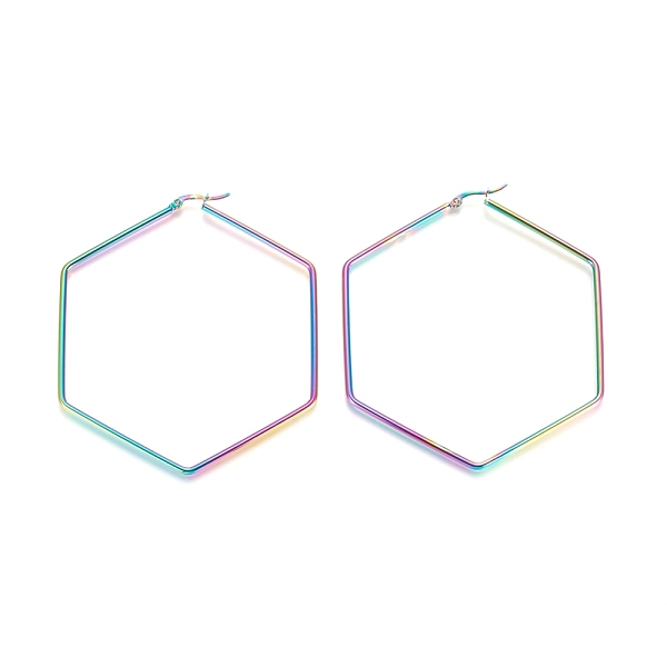 

PandaHall 304 Stainless Steel Geometric Angular Hoop Earrings, Hypoallergenic Earrings, Hexagon, Rainbow Color, 12 Gauge, 79x69x2mm, Pin...