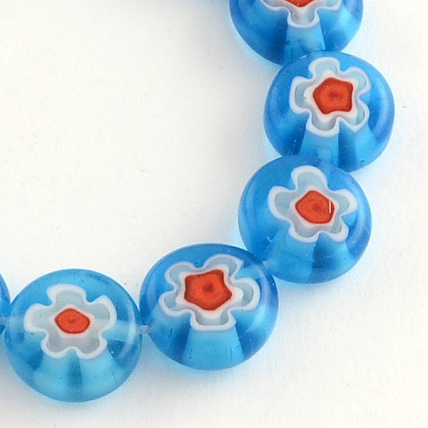 

PandaHall Handmade Millefiori Glass Bead Strands, Flat Round, Deep Sky Blue, 10x4mm, Hole: 1.2mm, about 40pcs/strand, 14.9 inch Millefiori...