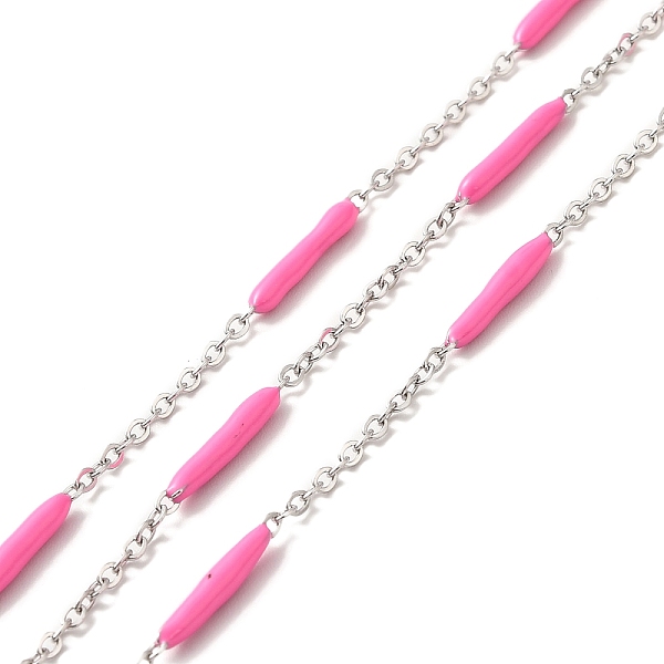 

PandaHall Enamel Column Link Chains, with 304 Stainless Steel Cable Chains, Unwelded, with Spool, Deep Pink, 14~17x2~3mm and 1.5x2x0.5mm...