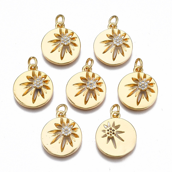

PandaHall Brass Micro Pave Clear Cubic Zirconia Pendants, with Jump Rings, Nickel Free, Flat Round with Flower, Real 18K Gold Plated...