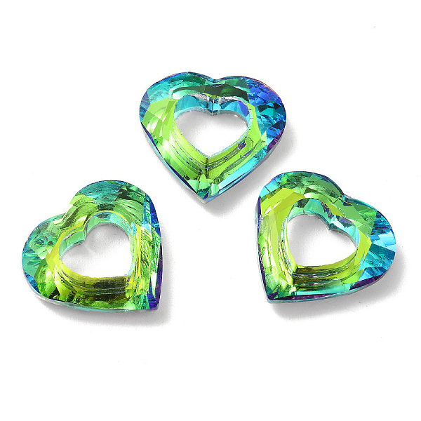 PandaHall Electroplated Glass Pendants, Back Plated, Faceted Heart Charms, Lawn Green, 24.5x26x6mm, Hole: 11x13mm Glass Heart
