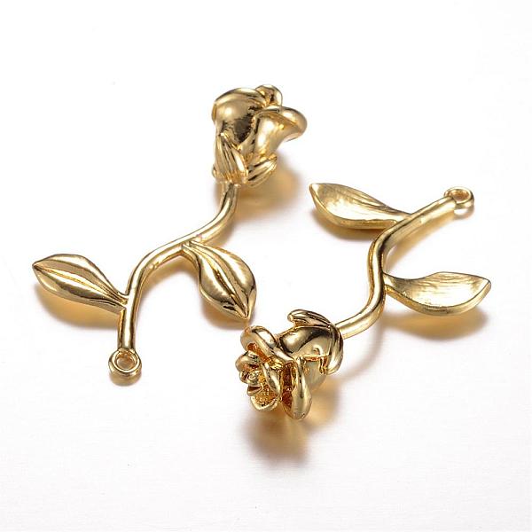 

PandaHall Long-Lasting Plated Brass Pendants, Rose, Cadmium Free & Lead Free, Real 24K Gold Plated, 39x22.5x9mm, Hole: 1.5mm Brass Flower