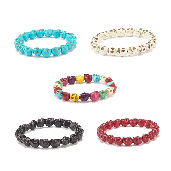 

PandaHall Synthetic Turquoise(Dyed) Skull Beaded Stretch Bracelet, Halloween Gemstone Jewelry for Women, Mixed Color, Inner Diameter: 2-1/8..., Multicolor