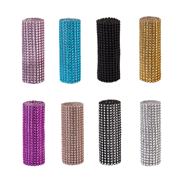 PandaHall Plastic 24 Rows Rhinestone Mesh Wrap Roll, Cake Wedding Decoration, Mixed Color, 90.5~91.5x11.8cm, about 4mm in diameter, 8colors...
