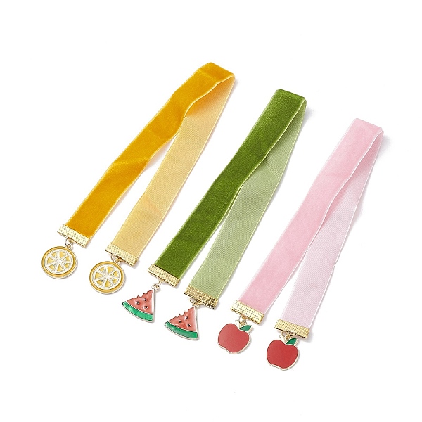 PandaHall Fruit Alloy Enamel Pendant Bookmarks, Velvet Ribbon Bookmark, Lemon/Watermelon/Apple, Mixed Color, 349~355x19mm, 3pcs/set...