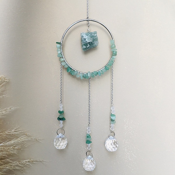 

PandaHall Glass Pendant Decoration, Suncatchers, with Metal Findings, Natural Green Aventurine, 400x90mm Green Aventurine