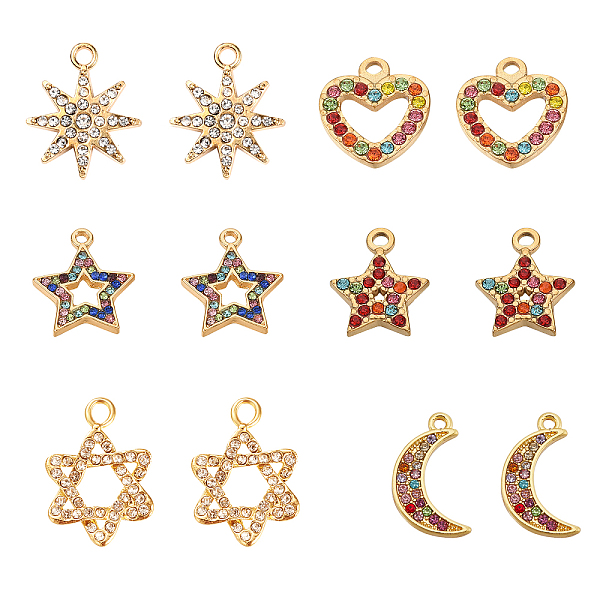 

PandaHall SUPERFINDINGS 12Pcs 6 Style Alloy Rhinestone Pendants, Mixed Shape, Golden, Colorful, 12.5~24x9~22x1.5~4mm, hole: 1.2~1.4mm..., Multicolor