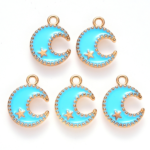 

PandaHall Alloy Enamel Pendants, Moon & Star, Light Gold, Sky Blue, 16x13x2mm, Hole: 1.8mm Alloy+Enamel Moon Blue