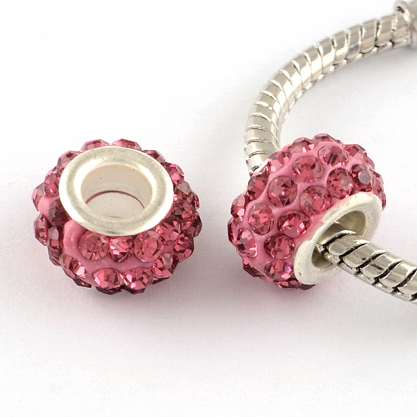 

PandaHall Polymer Clay Rhinestone European Large Hole Beads with Silver Color Plated Brass Cores, Rondelle, Rose, 11~12x7~7.5mm, Hole: 5mm..., Pink
