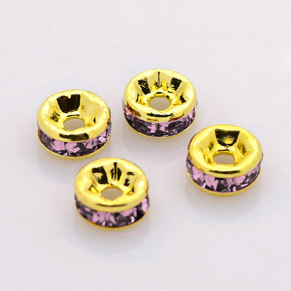 

PandaHall Brass Rhinestone Spacer Beads, Grade A, Straight Flange, Golden Metal Color, Rondelle, Light Amethyst, 6x3mm, Hole: 1mm..., Purple