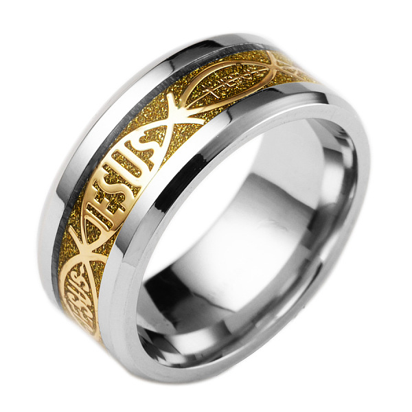 

PandaHall 201 Stainless Steel Wide Band Finger Rings, For Easter, Ichthys with Word Jesus, Size 9, Gold, 19mm 201 Stainless Steel Gold