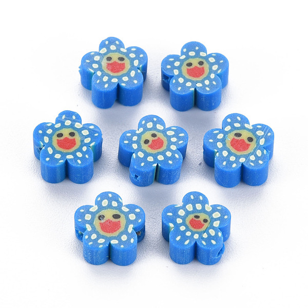 

PandaHall Handmade Polymer Clay Beads, Flower with Smiling Face, Dodger Blue, 9~10x4mm, Hole: 1.5mm Polymer Clay Flower
