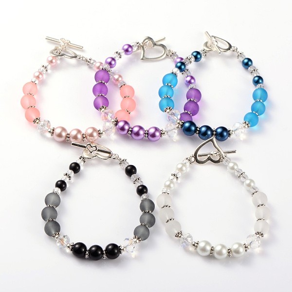 

PandaHall Lovely Frosted Glass Beaded Bracelets, with Glass Pearl Beads, Tibetan Style Alloy Beads and Heart Alloy Toggle Clasps, Mixed..., Multicolor