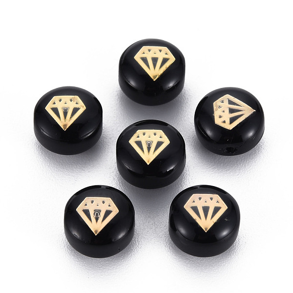 

PandaHall Handmade Lampwork Beads, with Golden Plated Brass Etched Metal Embellishments, Flat Round with Diamond, Black, 8x5~6mm, Hole...
