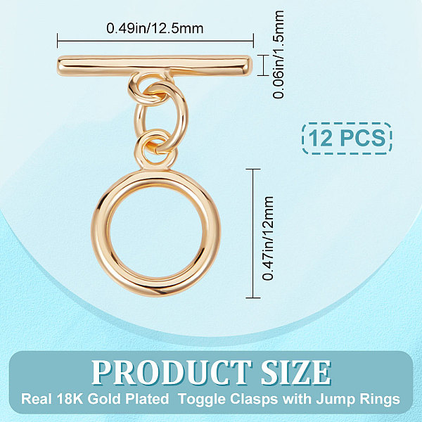 

PandaHall CREATCABIN 12 Sets Brass Toggle Clasps, with Jump Rings, Round Ring, Real 18K Gold Plated, Ring: 12x9x1.5mm, Hole: 1.2mm, Bar...