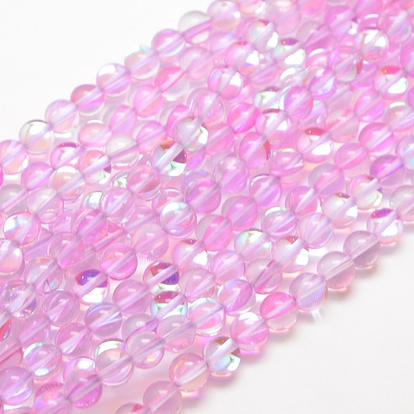 

PandaHall Synthetic Moonstone Beads Strands, Dyed, Holographic Beads, Half AB Color Plated, Round, Pink, 8mm, Hole: 1mm, about 49pcs/strand...