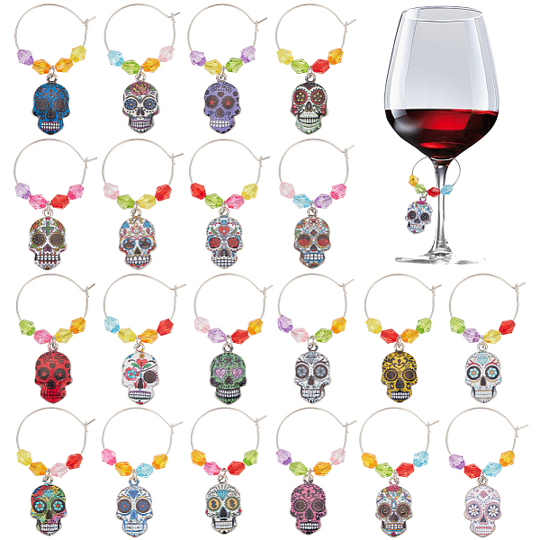 

PandaHall Alloy Enamel Sugar Skull Wine Glass Charms, with Brass Rings and Acrylic Beads, Mixed Color, 53mm, 20pcs/set Alloy Skull..., Multicolor