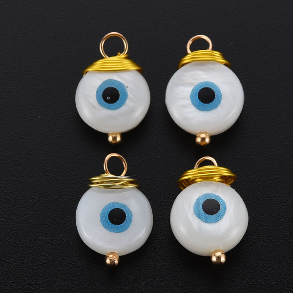 

PandaHall Freshwater Shell Pendants, with Golden Brass Findings, Flat Round with Evil Eye, Seashell Color, 14~15x9.5x4~6mm, Hole: 2~3mm...