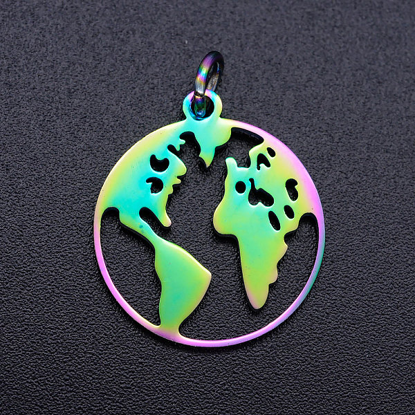 

PandaHall Ion Plating(IP) 201 Stainless Steel Pendants, with Jump Rings, Ring with Map, Rainbow Color, 19x17x1mm, Jump Ring: 5x0.8mm, Inner...