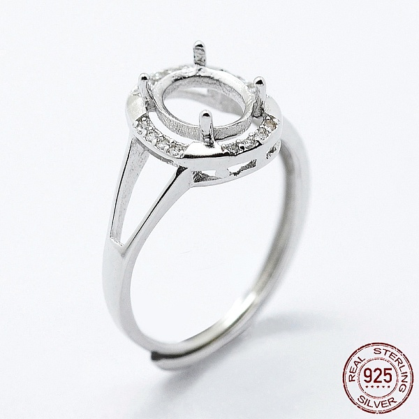 

PandaHall Rhodium Plated 925 Sterling Silver Finger Ring Components, with Cubic Zirconia, Adjustable, Oval, Platinum, Size 7 (17mm), 2mm..., Clear