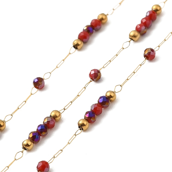 

PandaHall Brass Handmade Beaded Chains, with Glass Beads, with Spool, Unwelded, Real 18K Gold Plated, FireBrick, 9~9.5x2x2mm, about 32.81..., Red