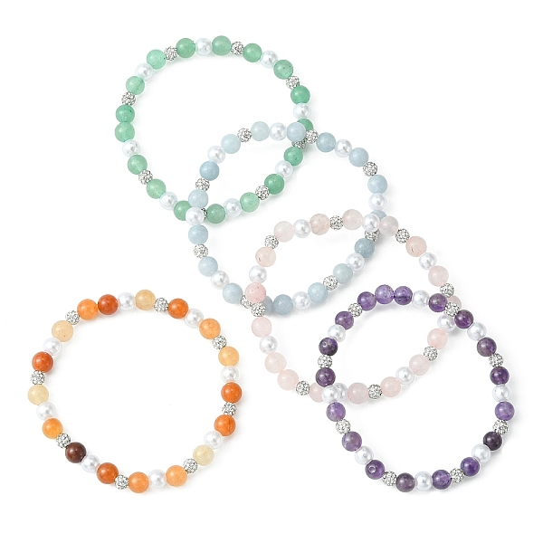 

PandaHall Natural Mixed Gemstone & ABS Plastic Pearl Beaded Stretch Bracelet, Inner Diameter: 2-1/8 inch(5.3~5.5cm) Mixed Stone