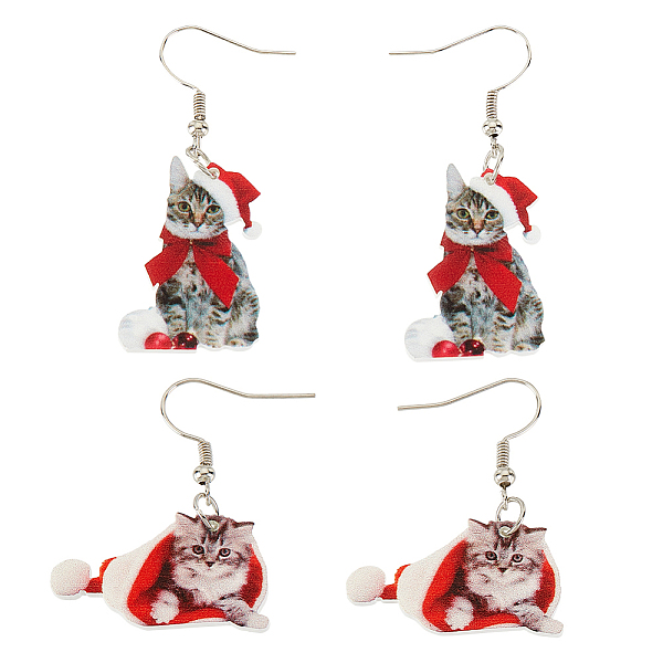 

PandaHall ANATTASOUL 2 Pairs 2 Style Christmas Hat with Cat Acrylic Dangle Earrings, Platinum Plated Iron Jewelry for Women, Red, 48~53mm...